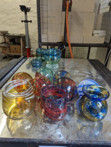 A selection of blown glass pieces made during a workshop 
