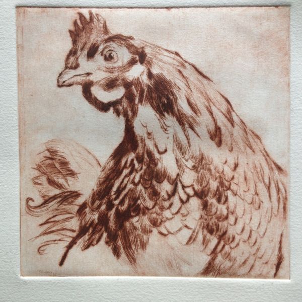 The soft quality of drypoint lends a charming mystery to this simple image of a hen