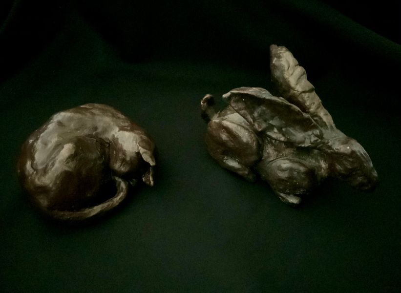 Hare and Sleeping Cat finished sculptures - except you can make them how you wish!