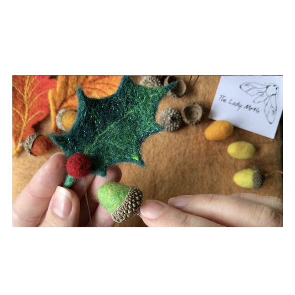 The Lady Moth will teach you how make needle felted acorns without the use of glue - two acorn caps are included in the box