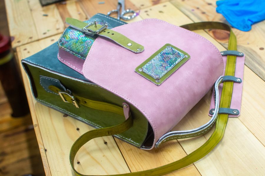 A finished satchel on the 3 day bag making workshop