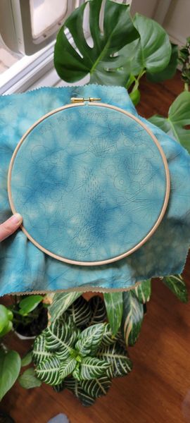 Each kit will include a wonderfully unique piece of mottled blue/green calico, tie-dyed by me