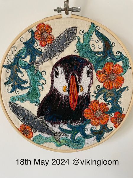 Cheeky Puffin in machine embroidery 