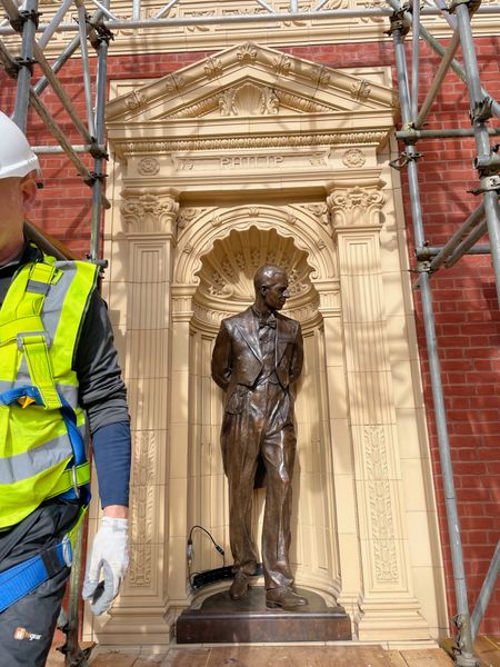 Sculpture of Prince Philip by Poppy Field, installed on the Royal Albert Hall South Porch 