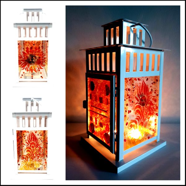 A warm glowing Fused Glass Lantern made in West Yorkshire, with Crafts in the Valley.