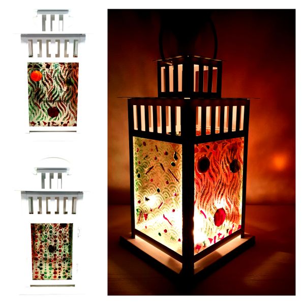 A festive fused glass lantern, made in Hebden Bridge with Crafts in the Valley.