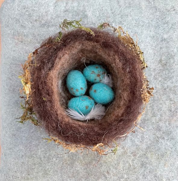 Nest of needle and wet felted Song Thrush eggs 