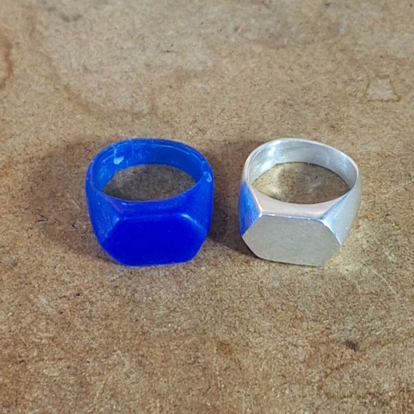 Ring design carved in wax, then cast in silver and cleaned up ready to wear...