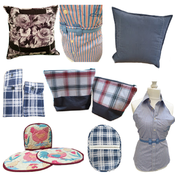 photos of items created from recycled shirts, cushions, coin purses, aprons, zipped pouches, tea cosy, place mats