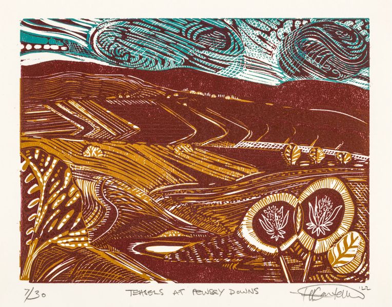 Hannah Cantellow - Teasels at Pewsey Downs, Original Multi-block linocut print, 2023