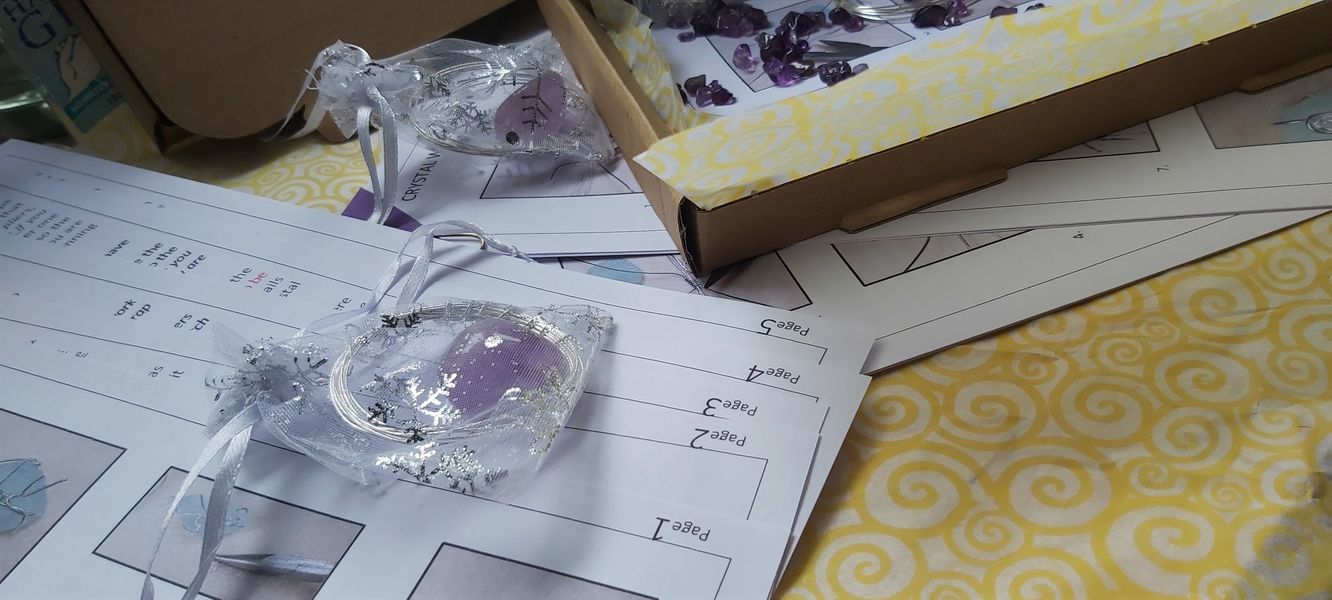 Amethyst Crystal ready for Wire Wrapping with the box and instructions and wire illustrated.