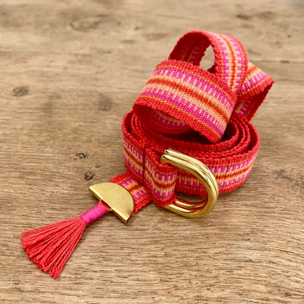 Hand woven belt with tassel in 'Flame'