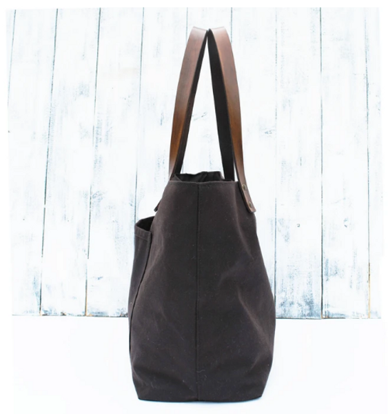 Waxed cotton tote side view