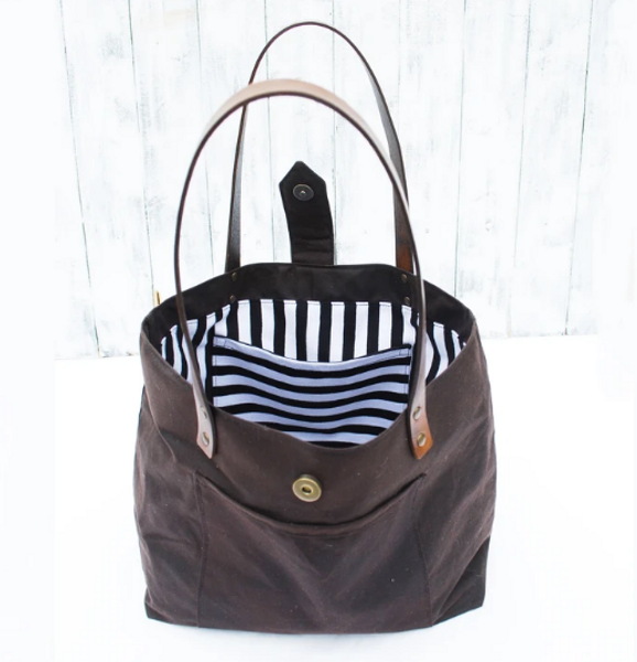 Waxed cotton tote, front and inside
