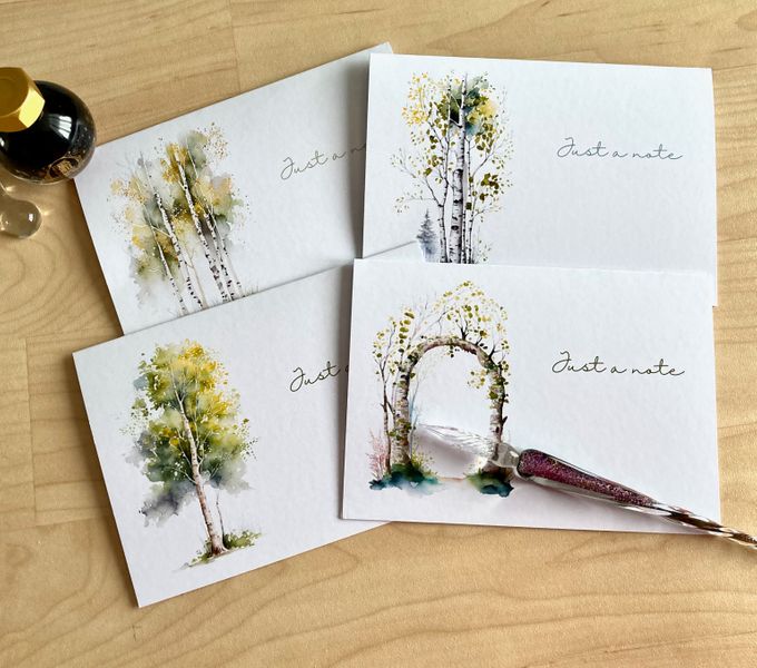 Set of 4 Birch tree watercolour print notelets from Maire Curtis Lakeland Studio