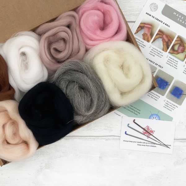 This needle felting starter set contains over 70g of super soft, natural, cruelty-free wool and three specialist felting needles. plus a felting basics guide.