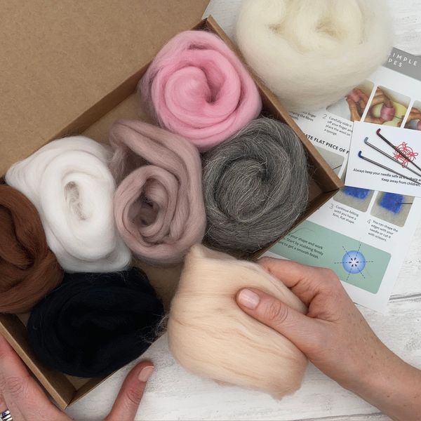 This needle felting starter set contains over 70g of super soft, natural, cruelty-free wool and three specialist felting needles. plus a felting basics guide.
