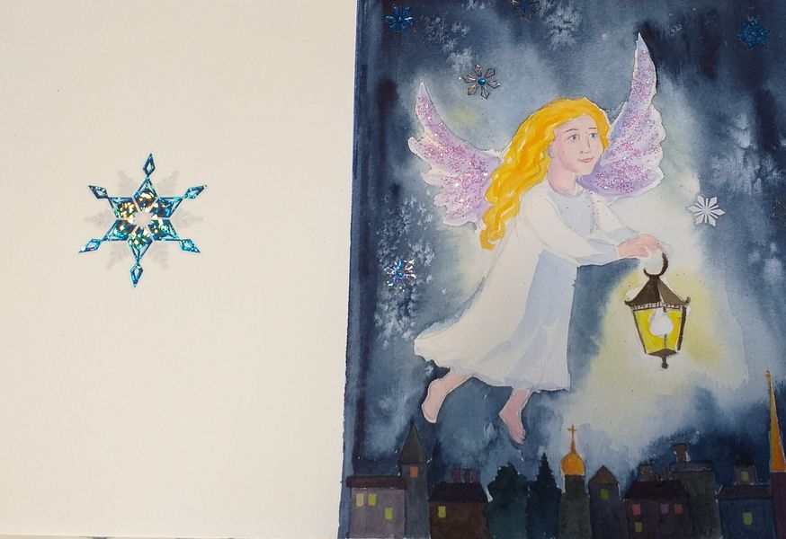 Christmas cards with angel created at art course in Worcestershire