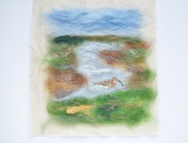 Needle felted coastal landscape with embroidered curlew: Credit Hobbz Designs