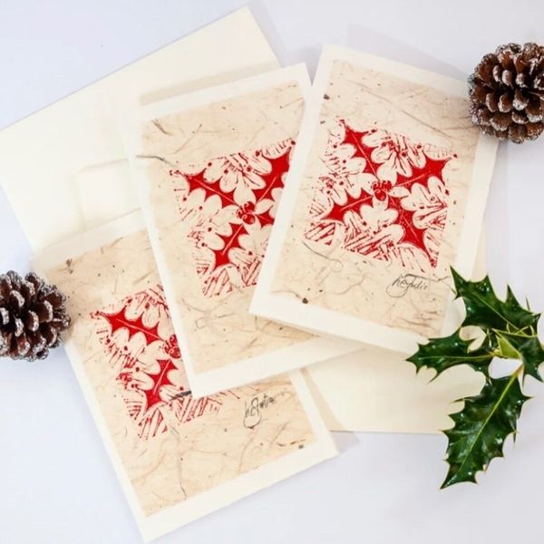 Linocut Christmas Cards Block Printed Holly Leaves in Red