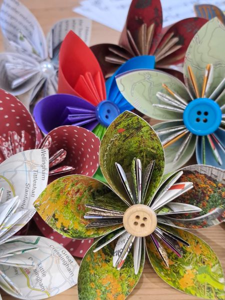 Kusudama flowers made from various recycled papers