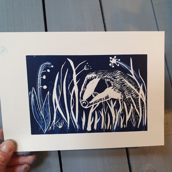 Badger in the Woods student linocut 