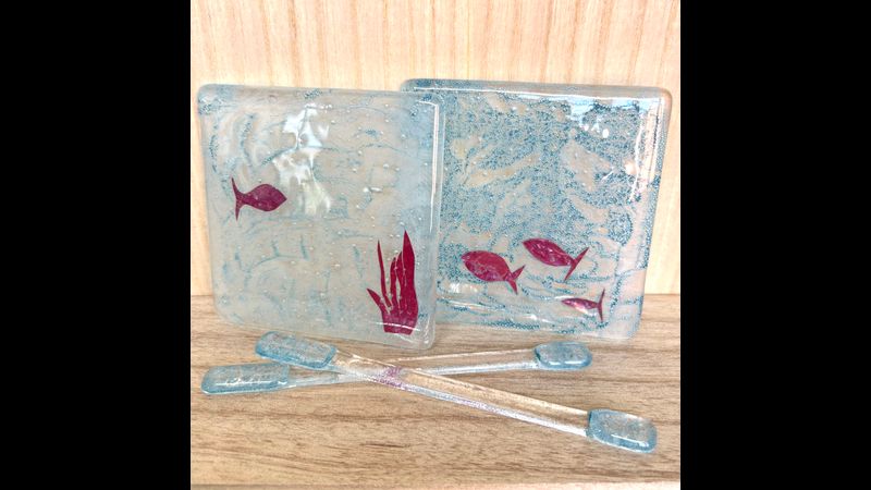 Marine theme coasters with their matching stirrers