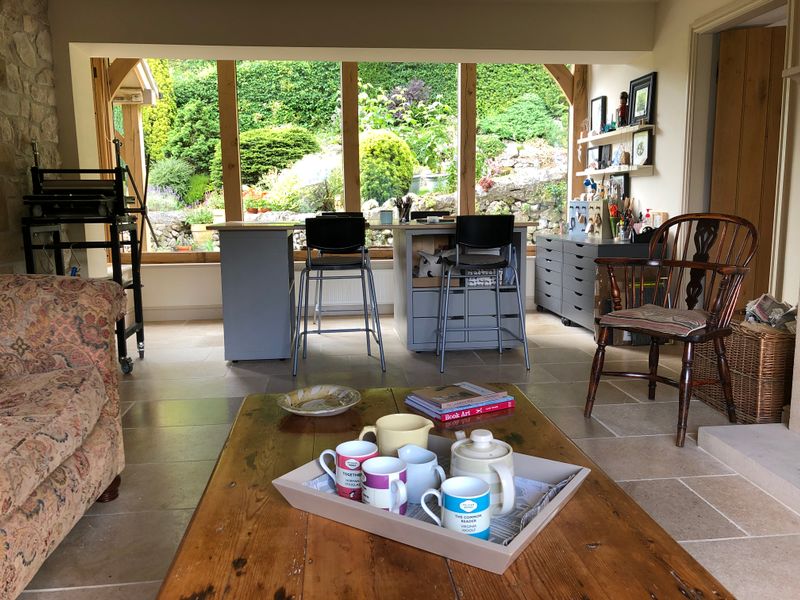 The workbench, with views over the garden.