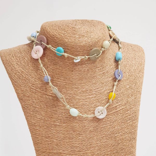 Corded bead and button necklace