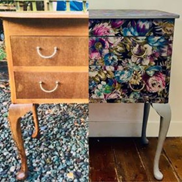 A before and after pic of a piece that has been decoupaged with fabric....