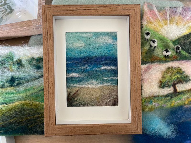 East Lothian Beach - a woolly seascape by Cecily Kate, alongside other lovely samples of landscapes she teaches