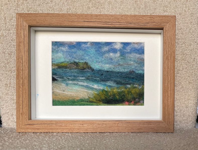 Polzeath Beach in summer - seascape from the lawn at Low Cliff . Framed