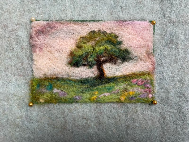Felted Landscape with pink sky and tree