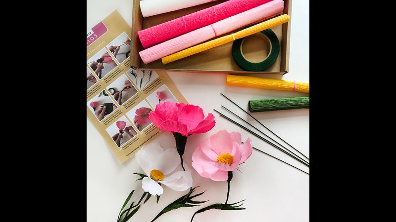 paper flower making kit contents: crepe paper, wire and patterns
