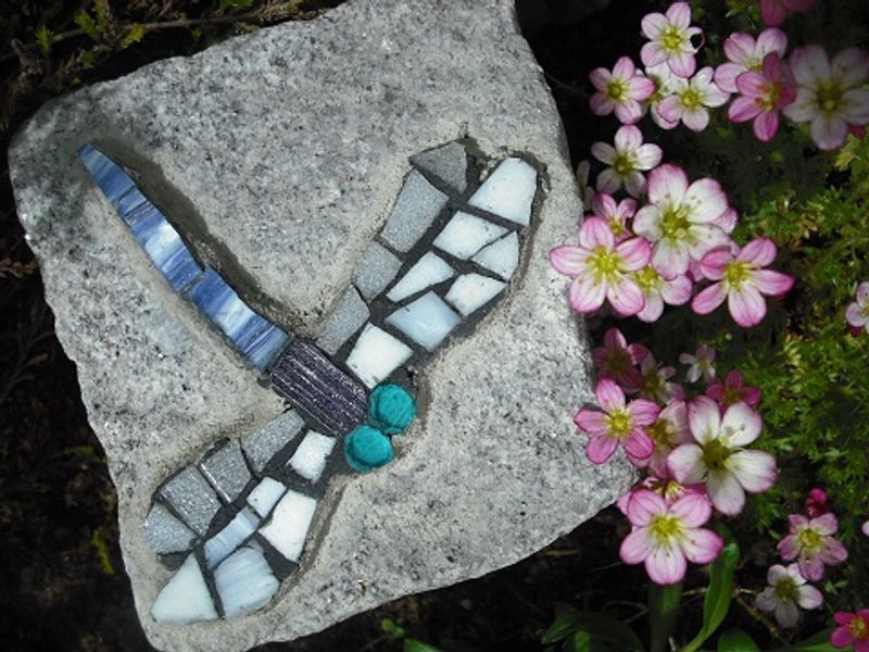 Mixed tile dragonfly on granite.