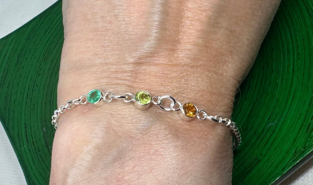 Delicate & Dainty Sterling Silver Emerald, Peridot & Citrine Bracelet - Hand Crafted