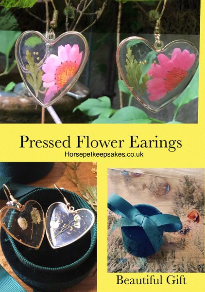 Heart shaped pressed flower handmade earrings 

