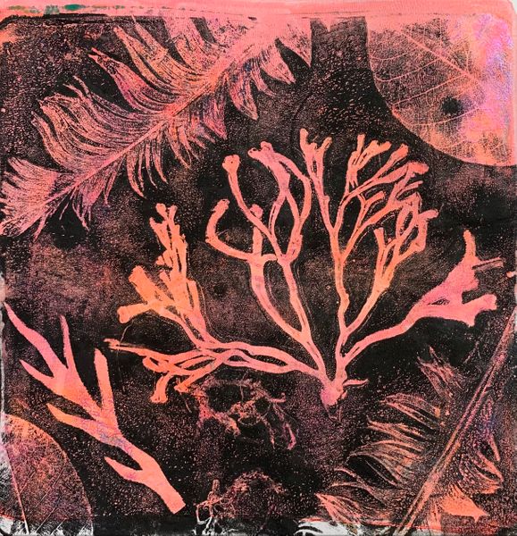 Seaweed and feathers gel plate print.