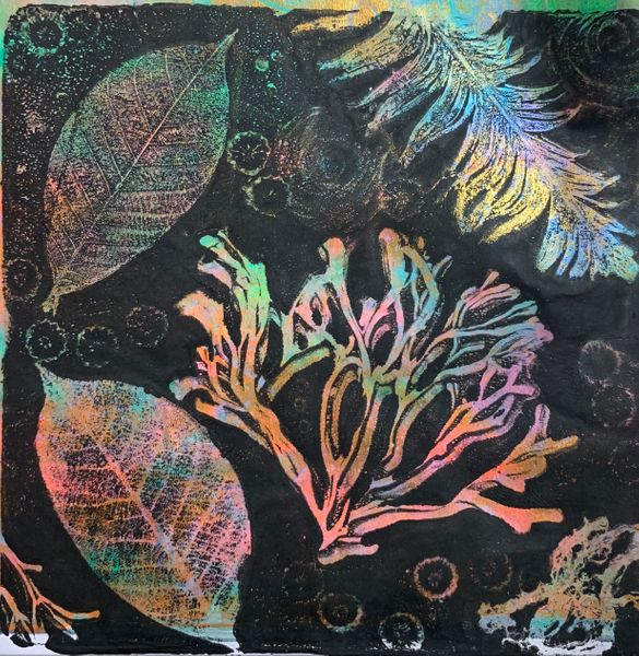 Seaweed, feathers and leaves, gel plate print.