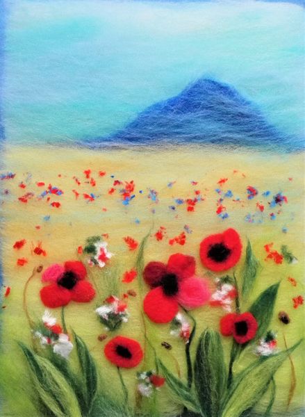 'Landscape with red poppies' wool fibre painting for beginners