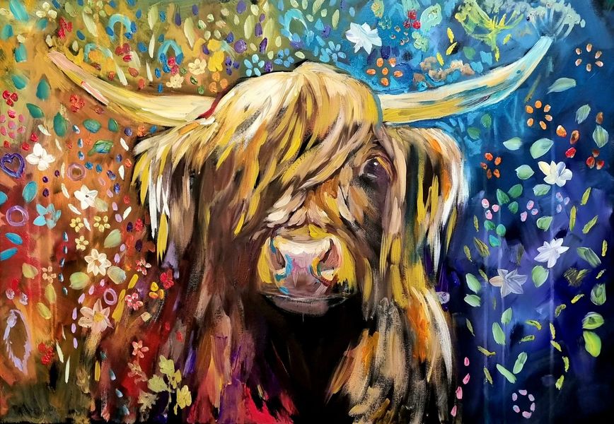 Colourful cow in acrylics with flowers