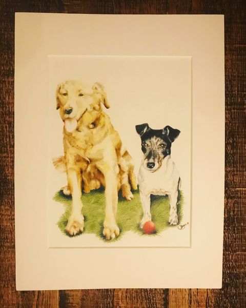 A4 Colour Pencil Pet Portrait, full body with two subjects. 