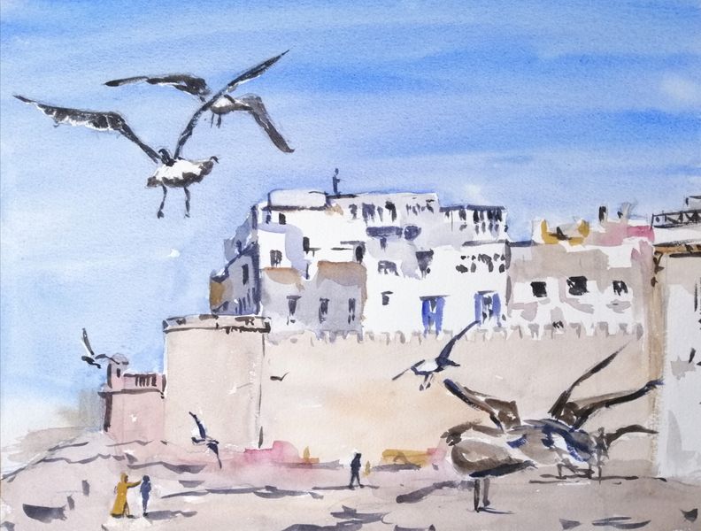 Moroccan Harbour in watercolour 
