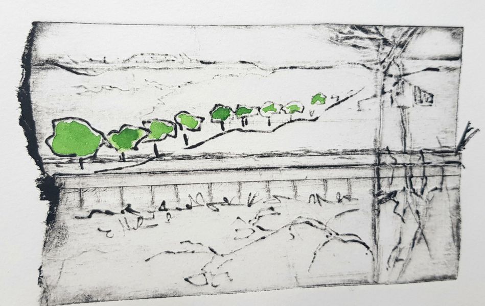 Tinted Tetra Pak print: landscape sketch