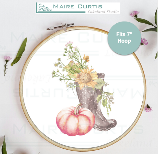 Watercolour pumpkin and wellington boot arrangement printed on high quality cotton panel for embroidery or quilting