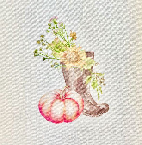 Pumkin and Wellies cotton linen embroidery panel from Maire Curtis Lakeland Studio.