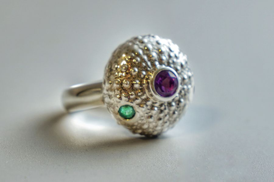 Amethyst and emerald urchin ring
