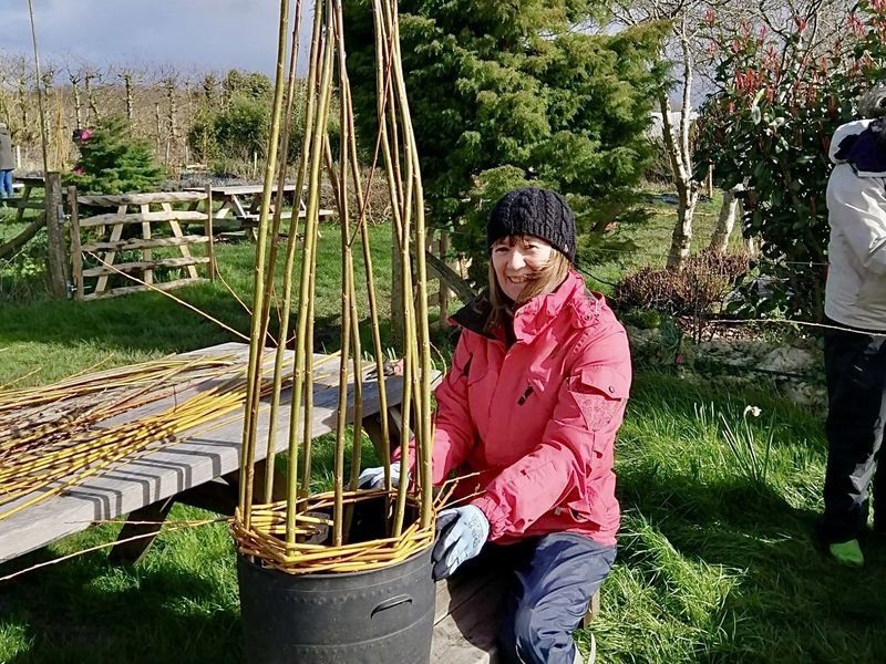 A student making her willow sweet pea support