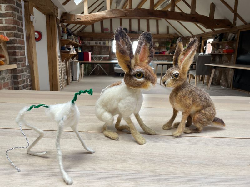 The needle felted Hare and its stages of evolution at The Oast Studio, Hartfield