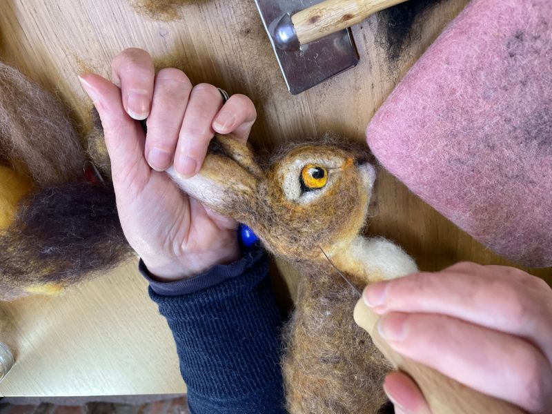 Needle felting a Brown Hare during a workshop at The Oast Studio, Hartfield.